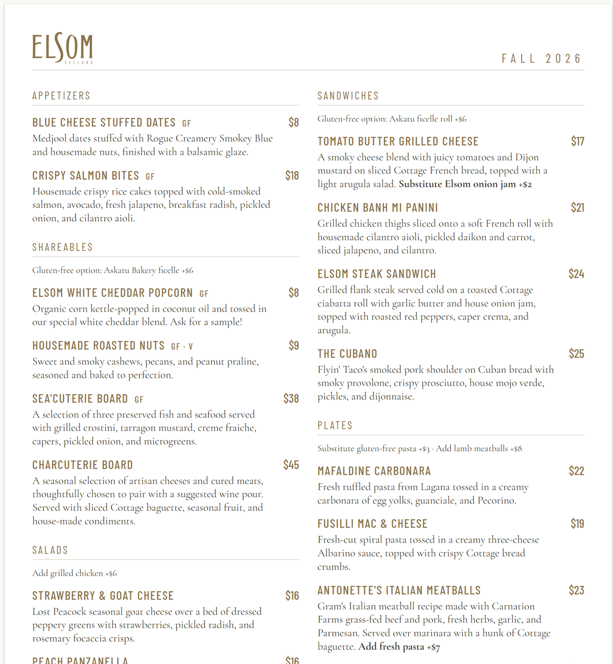 Elsom Cellars fall food menu, front side